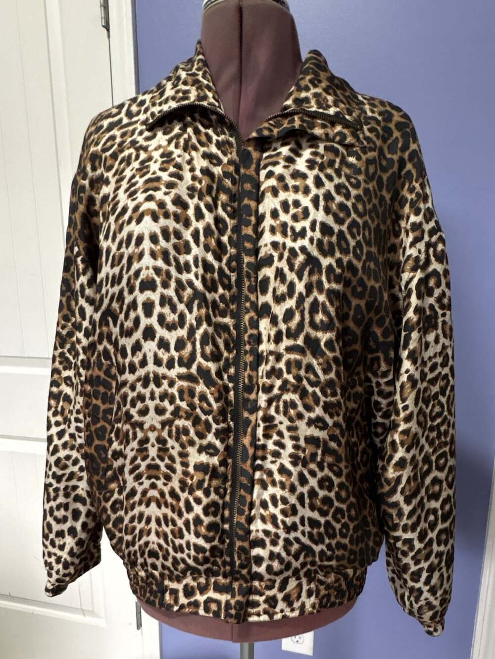 Coaco Vintage Leopard Print Silk Bomber Jacket Full Zip Size L